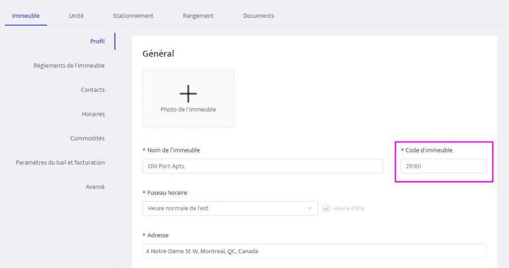 Modifier le code d'immeuble sur la page détaillée de l'immeuble