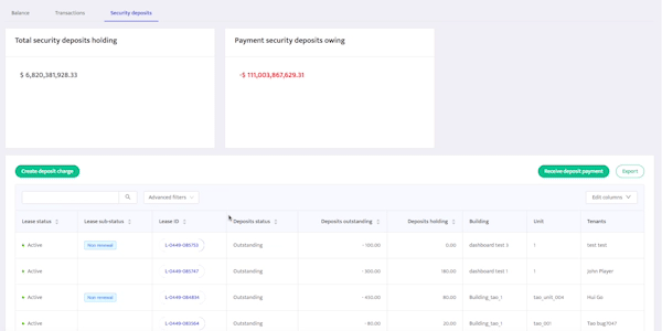 Filtering the Security deposits page by Tenant
