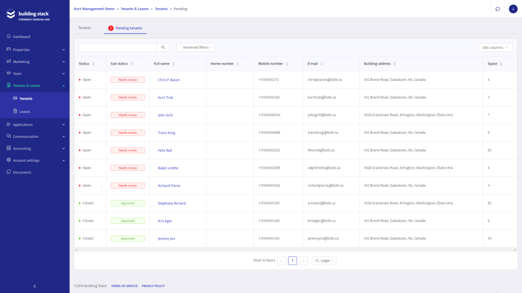 Pending tenants page