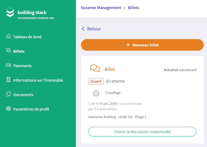 Bouton « Nouveau billet » sur le portail locataire.